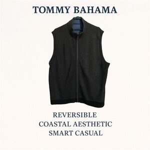 Tommy Bahama Reversible Sweater Vest XL 52” Chest Full Zip Marled Gray Blue Knit